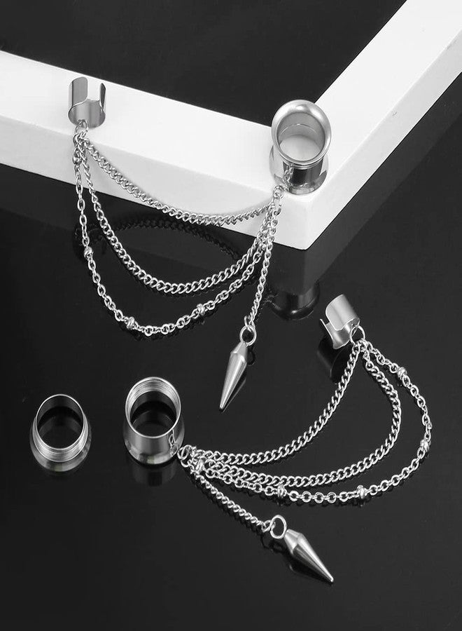 Earblity 2PCS 6mm/2g Silver Trendy Cuff Clip Triple Chain Dangle Ear Plugs Gauges Screw Ear Tunnels for Women Men Hypoallergenic 316 Stainless Steel Ear Body Piercing Jewelry - Image 4